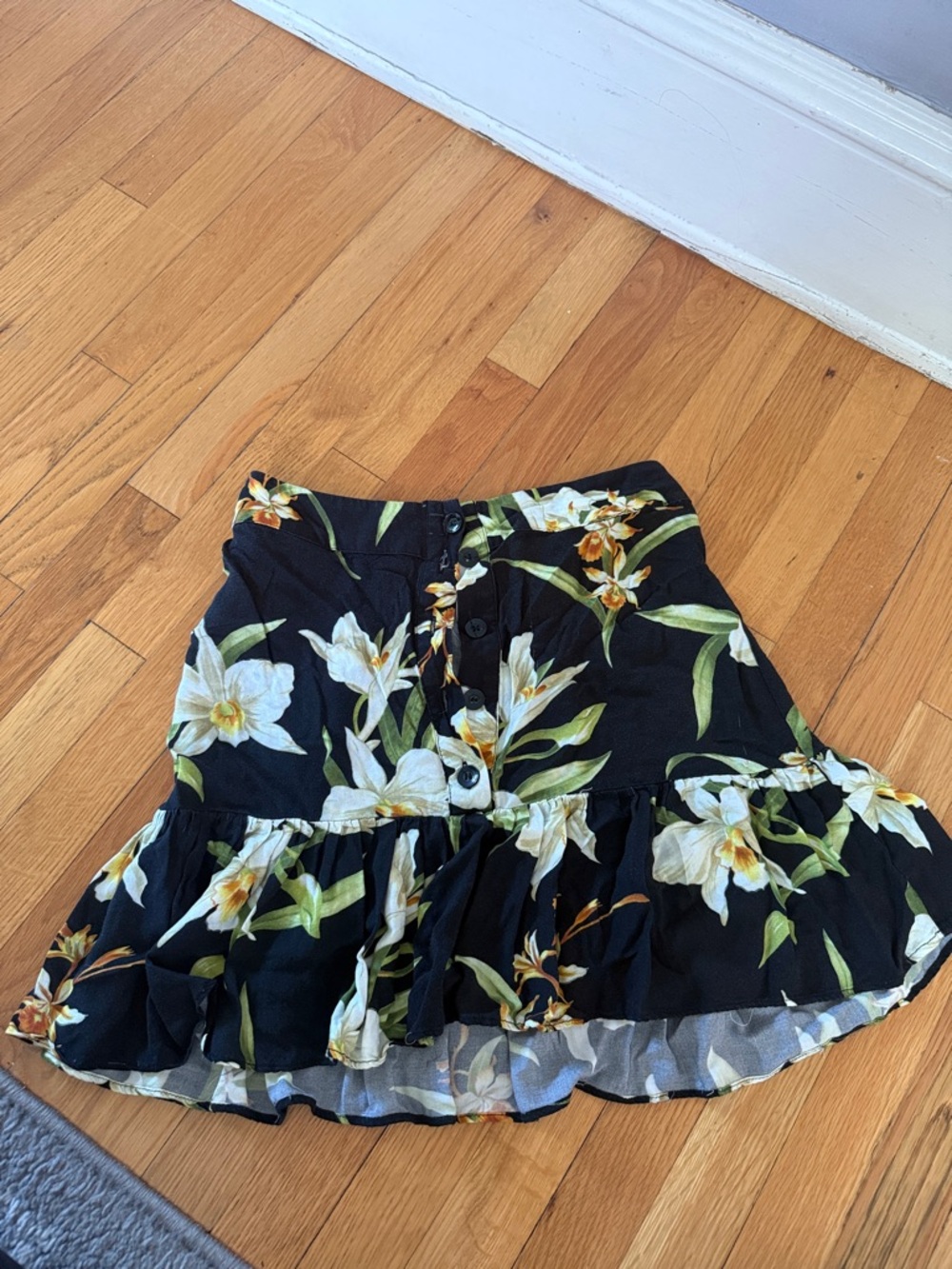 ASOS Black Floral Button-Front Ruffle Mini Skirt